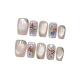 10pcs Press on Nails, Medium Coffin Glossy Fake Nails, Nude Cat Eye Nails with Colorful Dried Flowers & Gold Wire, Reusable Elegant False Nails for Wedding Party Date (Size XS)