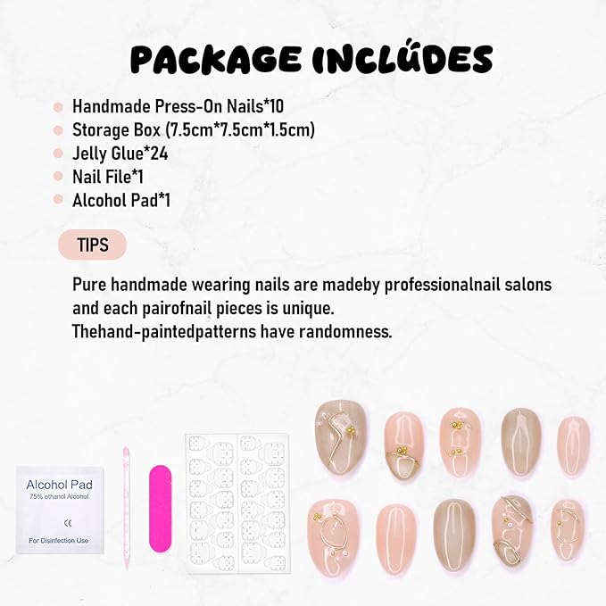 Handmade Press on Nails Short Length Thick Acrylic Nails Glitter False Nails with Steel Ball & Pearl Designs Almond Shaped Fake Nails French Full Cover Stick on Nail for Women (Size M）