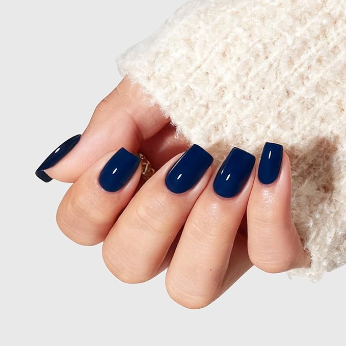 Modelones Navy Blue Press on Nails, Short Square Fake Nails, Reusable Nail Kit with Nail Glue Adhesive Tabs Mini Nail File, Nails Press Ons 32Pcs16 Sizes, Women Girl Gift