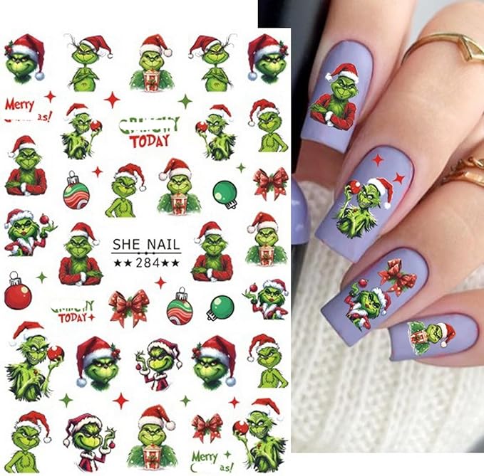 6 Sheets Christmas Nail Art Decals 3D Self-Adhesive Cartoon Xmas Nail Stickers Design WinterXmas Funny Green Monster Nail Decals Christmas Nail Decals Supplies for Women Nail Art DIY Manicure