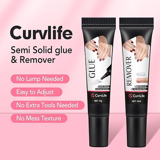 Curvlife Quick Drying 10g Semi Solid Nail Glue Gel with 10ml Remover with Cuticle Pusher Nail Art for Press On Nails Tips No Need for UV Lamp Long Lasting