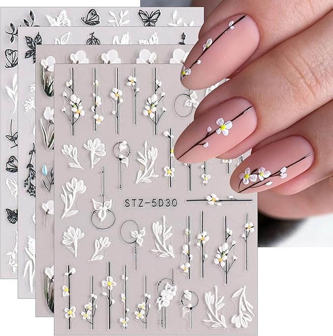 JMEOWIO 3D Embossed Flower Spring Nail Art Stickers Decals Self-Adhesive Pegatinas Uñas 5D Summer Colorful Floral Nail Supplies Nail Art Design Decoration Accessories 4 Sheets