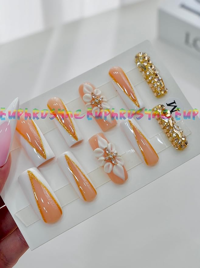 Euphrosyne Elegant Press On Nails – 10pcs Long Almond Fake Nails in Nude Peach with Gold French Tips, 3D Floral Designs & Rhinestone Accents