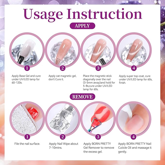 Born Pretty Fruit Colors Cat Magnetic Eye Gel Nail Polish Set,6 Colors Spring Summer Rose Pink Green Grape Purple Crystal Glass Magnetic Shimmer Glitter Gel Polish for Salon Manicure DIY 7ML