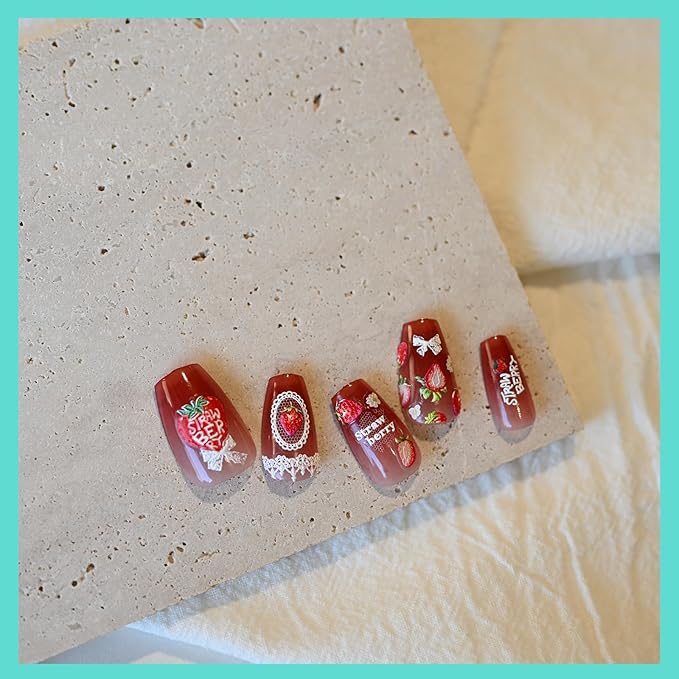 Strawberry Lace Nail Art Stickers 3D Embossed Nail Decals for Nail Art Design Self-Adhesive Nail Accessories for Women Nail Art Supplies 3 Sheets