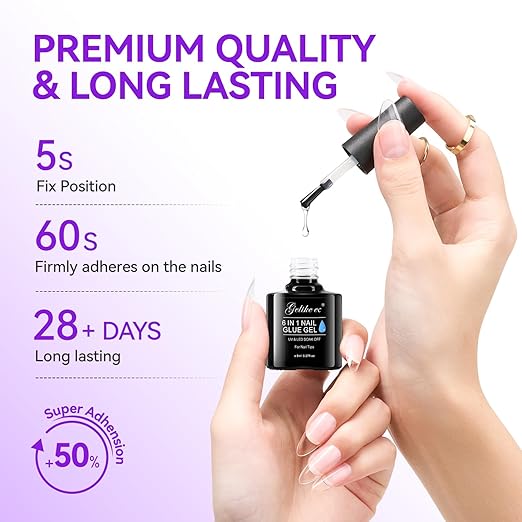gelike ec 6 in 1 Nail Glue Gel: 2 Pcs Gel Nail Polish for Press on Nails - Nail Glue Strong Easy and Long Last for False Acrylic Tip - Base Coat for Salon Home Polish (Pack of 2)
