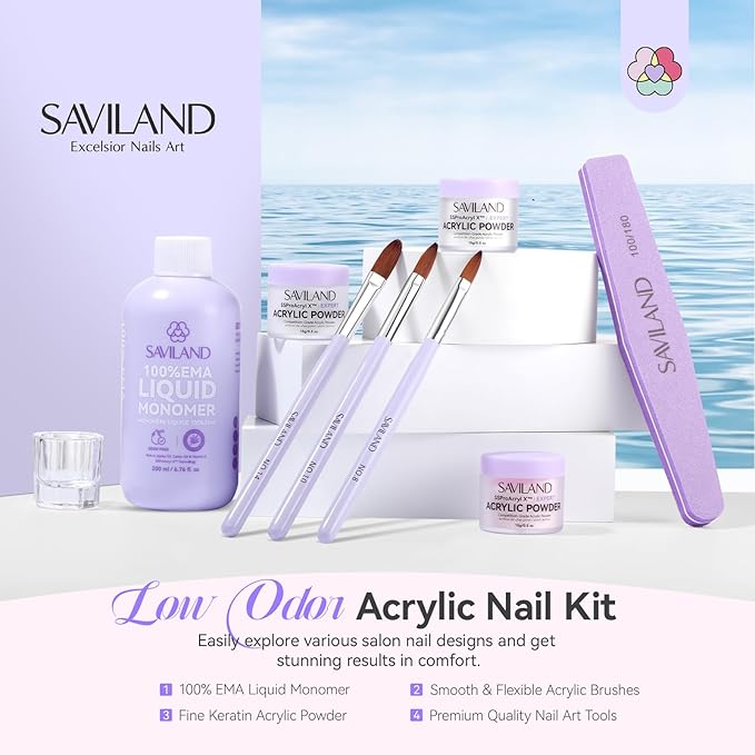 SAVILAND Acrylic Nail Kit with Everything: Hema-Free & Low-Odor Professional Acrylic Powder and 200ml Liquid Set with Size 8 10 14 Nail Brushes, Forms & Tools for Extensions 3D Carving Home Salon Use