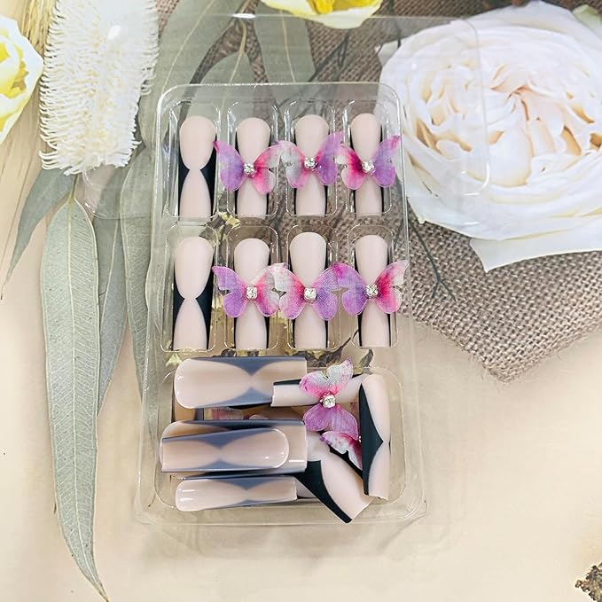 Press on Nails Coffin Long Length Acrylic Glossy Full Cover Square Shaped French False Nails with Designs Artificial Extra Long Fake Nails with Charms Glue ons Fingernails for Women(XXS222)