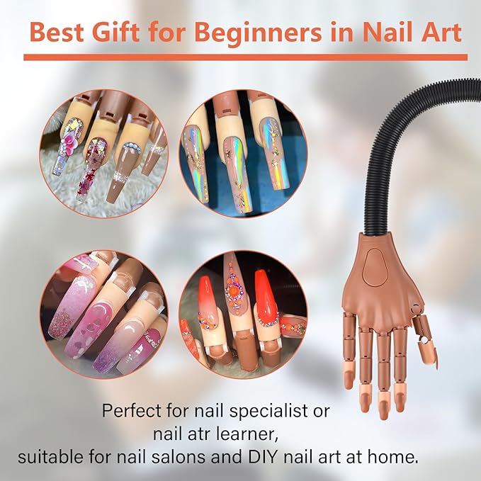 NXJ INFILILA Practice Hand for Acrylic Nails, Flexible Moveable Nail Practice Fake Hand, Manicure Trainng Kits with 200PCS Nail Tips, Files and Clipper, for DIY Manicure Salon Supplies Techs