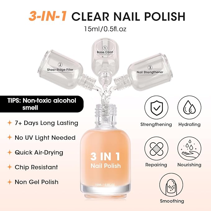 GELLEN Clear Nail Polish Ridge Filling Base Coat, Sheer Ridge Filler For Nails, Nail Strengthener Hydrates Repairs Damaged Dry Finger Nails | Shea Butter, Vitamin E, Protein | Toxin HEMA TPO Free