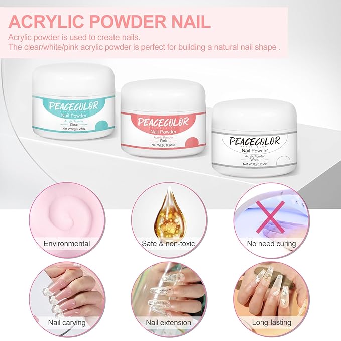Acrylic Nail Kit for Beginners ,Clear/White/Pink Acrylic Powder Set Nail Drill U v light Nail Kit for Beginner 100PC Fake Tips Brush Manicure Tools for Extensions Starter Set DIY Home Salon