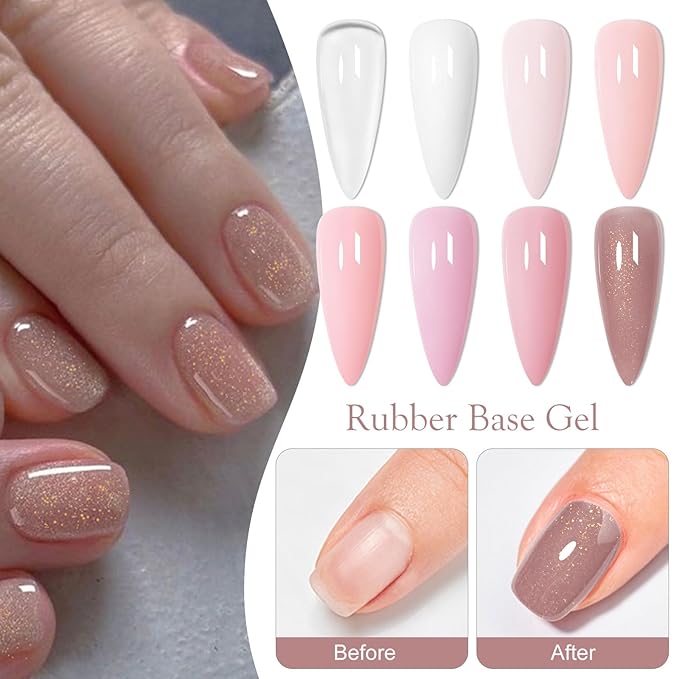 MTSSII Jelly Nude Rubber Base Gel, 8 Colors Pink Crystal Translucent Color Construction UV Gel Semi Permanent Soak Off UV LED Varnish