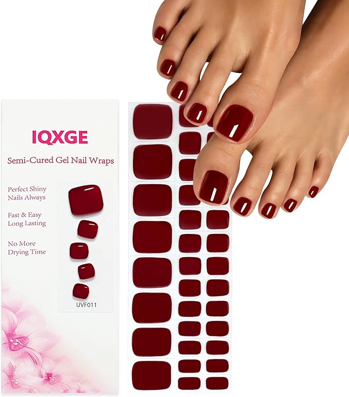 34 Pcs Semi Cured Gel Toe Nail Strips Dark Red Gel Nail Stickers Full Cover Nails Wraps Self Adhesive Toe Nails Polish Strips Stickers for Women UV/LED Light Required