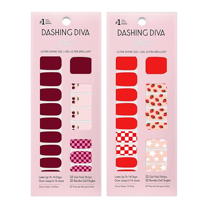 Dashing Diva Gloss Nail Strips Bundle - The Fruit Punch Collection - Cha Cha Cherry & Cuter at the Cape - UV Free, Chip Resistant, Long Lasting Gel Stickers - Contains 2 Sets