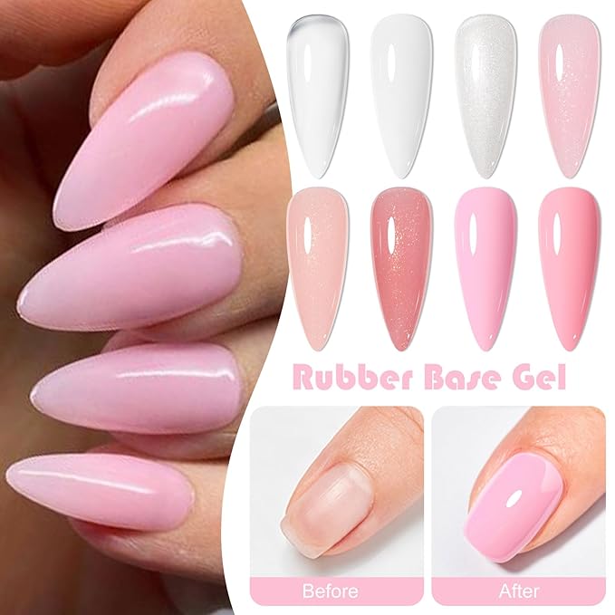 MEET ACROSS Rubber Base Gel Set 12 Pcs, 8 Colors Jelly Builder Base Nail Gel Nude Sheer White Pink Shimmer, 2-in-1 Soak Off Base Gel Nail Strengthener