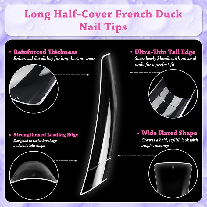 outopen 500pcs Long Duck Nail Tips L Feet Clear Flare Nail Tips for French False Nail Extension Y2K Vibe Half Cover Duck Tips for Polygel Acrylic Extension Beginners DIY Manicure, 10 Sizes