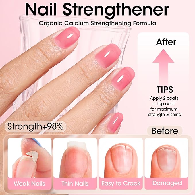 GELLEN 4‑in‑1 Clear Nail Polish Base Coat Sheer Tinted Red, Ridge Filler, Nail Strengthener & Concealer, Calcium Formula Strengthen Nails, Natural Color Enhance Natural Look, HEMA Free, Anti Yellow