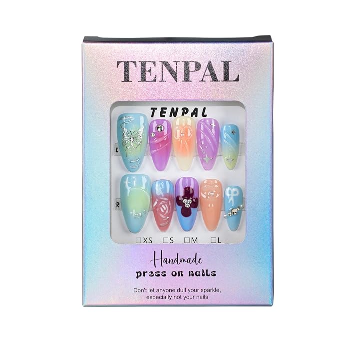 Press on Nails Medium Almond Bright Color Spring Summer Nails Press Ons Hand-painted Acrylic False Nails with Butterfly Stars Flower Designs Full Cover Nail Tips 10pcs Natural Almond Nails(L)