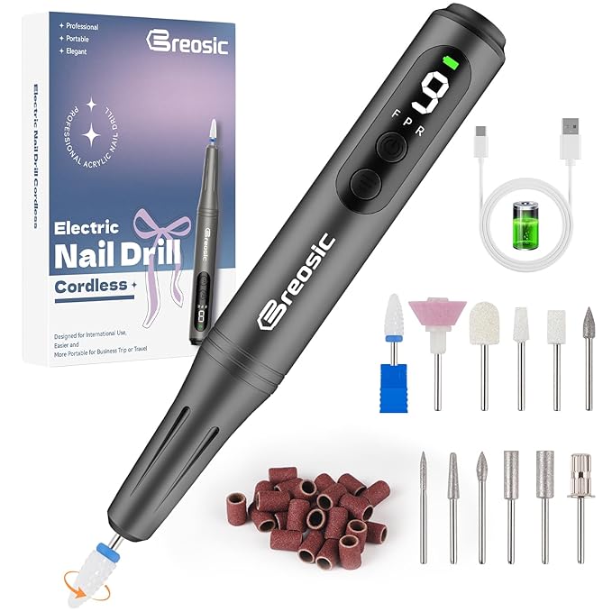 Electric Nail Drill Professional 35000RPM,Rechargeable Electric Nail File Cordless with 9-Speed & LED Display,12-in-1 Portable Manicure Pedicure kit for Acrylic Gel Dip Powder Nails (Gray)