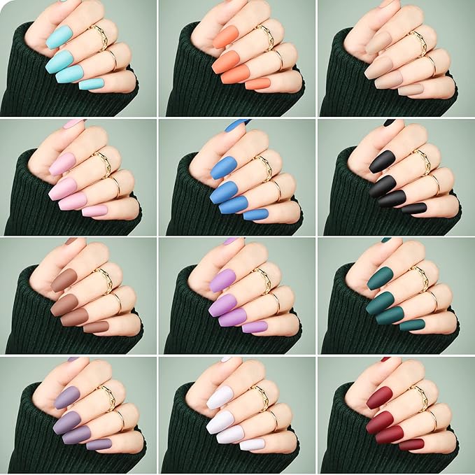 Coffin Shape Press On Nails Set, Teenitor 24 Packs 576PCS Matte Short Coffin Glue On Nails Medium Length, 12 Colors Coffin , 12 Colors Glossy Press On Coffin Nails, Reusable, Nail Adhesive Tabs, Nail Stickers Rhinestone