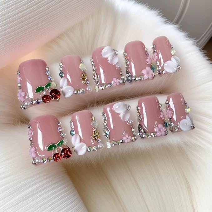 Pink Handmade Press on Nails Duck Medium Fake Nails 3D Cherry False Nails with Glue Sparkling French Tips False Nails Handmade Duck Nails Press ons Reusable Stick on Nail for Women 10Pcs(M)