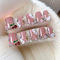 Pink Handmade Press on Nails Duck Medium Fake Nails 3D Cherry False Nails with Glue Sparkling French Tips False Nails Handmade Duck Nails Press ons Reusable Stick on Nail for Women 10Pcs(M)