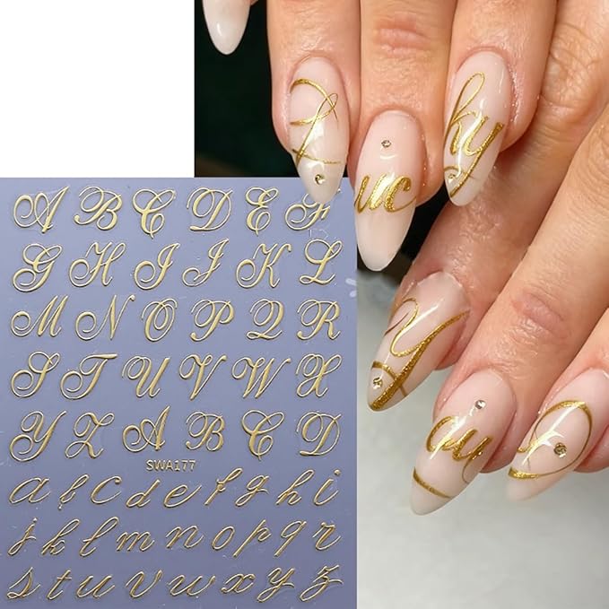 8 Sheets Letter Nail Stickers for Nail Art Retro English Letter Nail Art Stickers 3D Self-Adhesive Red Blue Gold Black Retro English Pattern Old Alphabet Cursive Design Letter Nail Decals for Acrylic