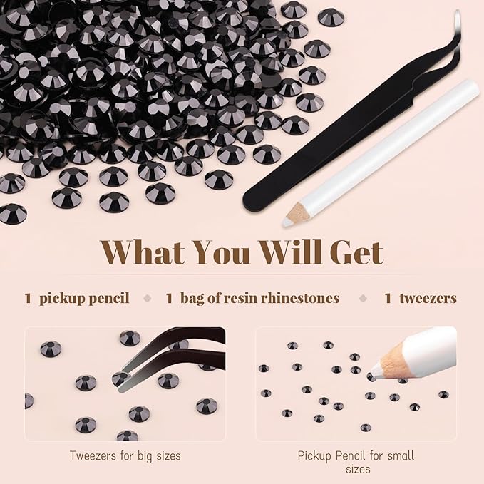 1500PCS 6mm Resin Rhinestones Bulk for Crafting (Black), Flatback Bedazzling Crystals for Crafts DIY Nail Decoration, Gems Charms for Tumbler Shoes Clothing Fabric with Pickup Pen and Tweezers