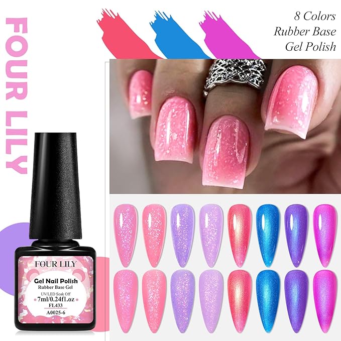 Rubber Base Gel Nail Polish Set Brocade Pink Purple Builder Base Gel in a Bottle Hard Extension Gel Pearlescent Blue 8 Colors Cured for Nails at Home Salon DIY Beginner