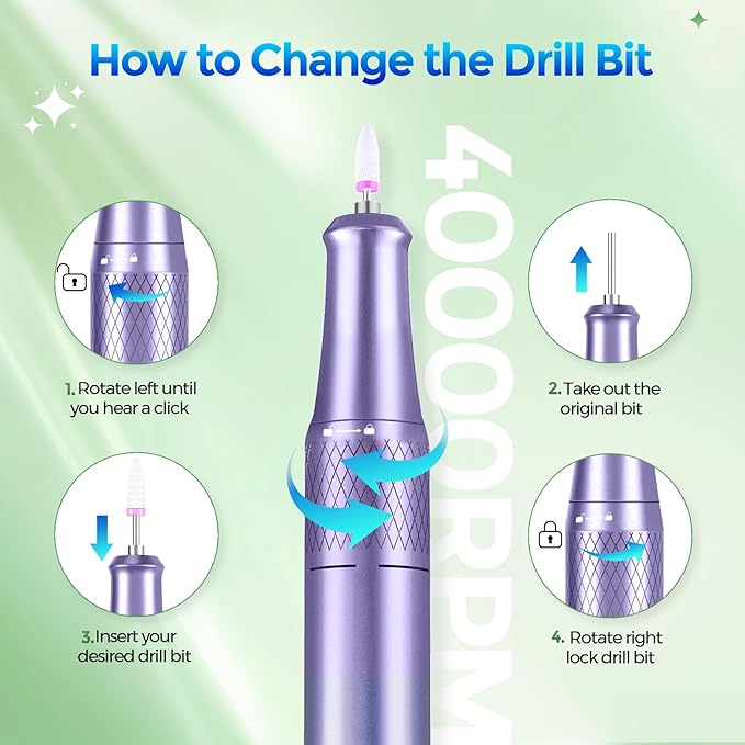 Nail Drill Electric File: DEDNMSCA Sparkly Professional Nail Drill Kit, 40000RPM E-file Machine with USB LED Light and 12 Drill Bits for Acrylic Nail Remove Gel Polish Manicure for Salon Home, Diamond
