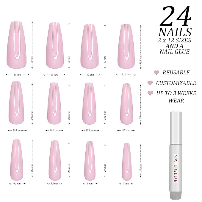 Hypnaughty 24 Pcs Blush Pink Glossy Extra Long Press On Nails and Glue XL Reusable Solid Color False Nails (Blush)