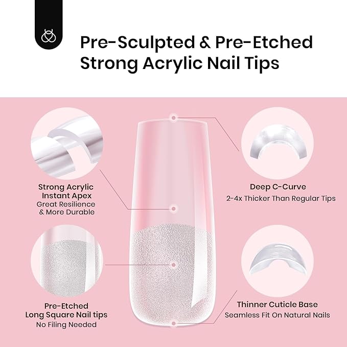 Beetles Tipex Instant Apex Nail Tips,Square Long Pre-building & Pre-Etched Thicker Acrylic Nails Strong Full Cover False Nail Extension Press-on Nails,192 Pcs 16 Sizes