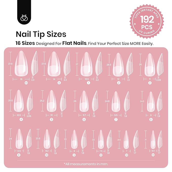 Beetles Tipex Instant Apex Nail Tips, Stiletto Medium, 16 Sizes (00–14), 192pcs, Built-In Apex, No Builder Gel Required, Thicker Strong Acrylic Tips for DIY Nail Extensions