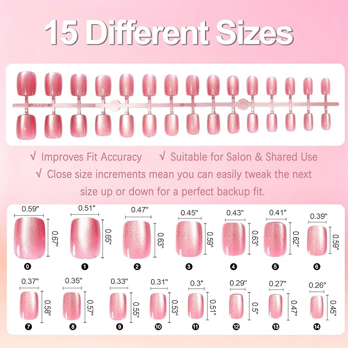 Allstarry Cat Eye Press on Nails, 15 Full Sizes Range Pink Rude Cat Eye Nails Press Ons 4 Colors Cateye Presson Nail for Women 120pcs Glossy Short Square Fake Nail Tips Stick DIY Salon