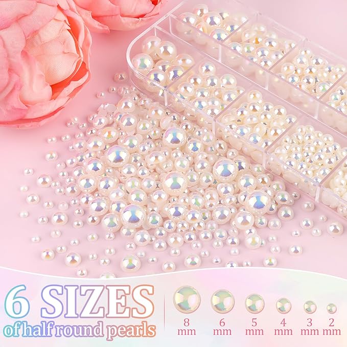 Flatback Pearls for Crafting with 3Pcs 10ml B7000 Jewelry Glue, 2 Boxes of Half Round Beige AB Pearls, Bedazzling Beads for DIY Crafts Clothing Tumblers Shoes Embellishment Nail Art