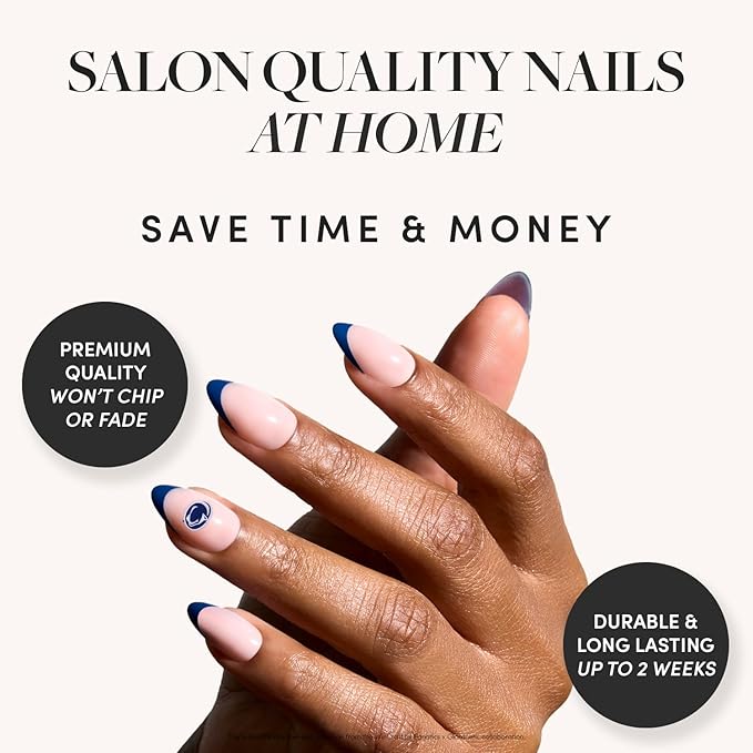 Glamnetic x Fanatics Press On Nails - Penn State Nittany Lions | Short Almond Fake Nails, Collegiate Nittany Lions Navy French Tips, College Nails, Salon-Quality | 15 Sizes - 30 Nail Kit with Glue