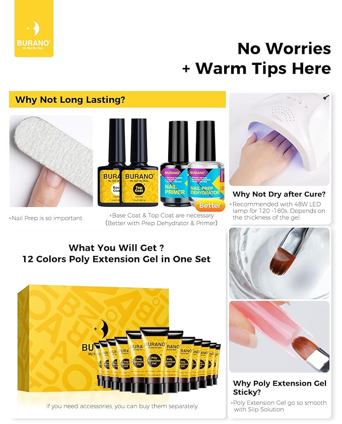 BURANO Poly Nail Gel Set, 12 Colors Nail Poly Nails Extension Gel Kit for Beginner Professional Salon Using Home DIY 15g (kit01, 15g)