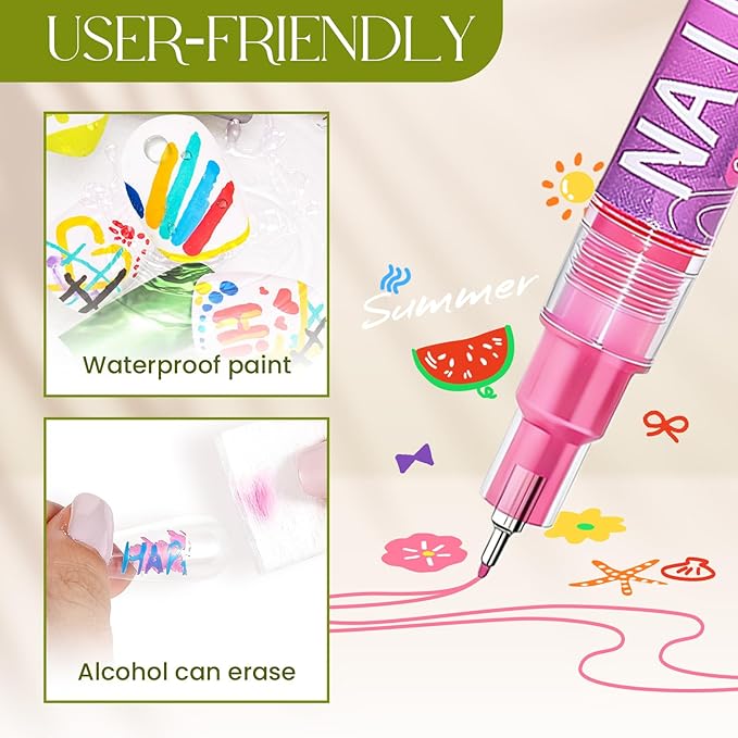 12 Colors Nail Art Pens Set, Plastic Fine Tip 0.5mm Nail Art Markers for Painting Nails, Quick Dry Nail Polish Pens for DIY Designs, Home Use & Professional Salons