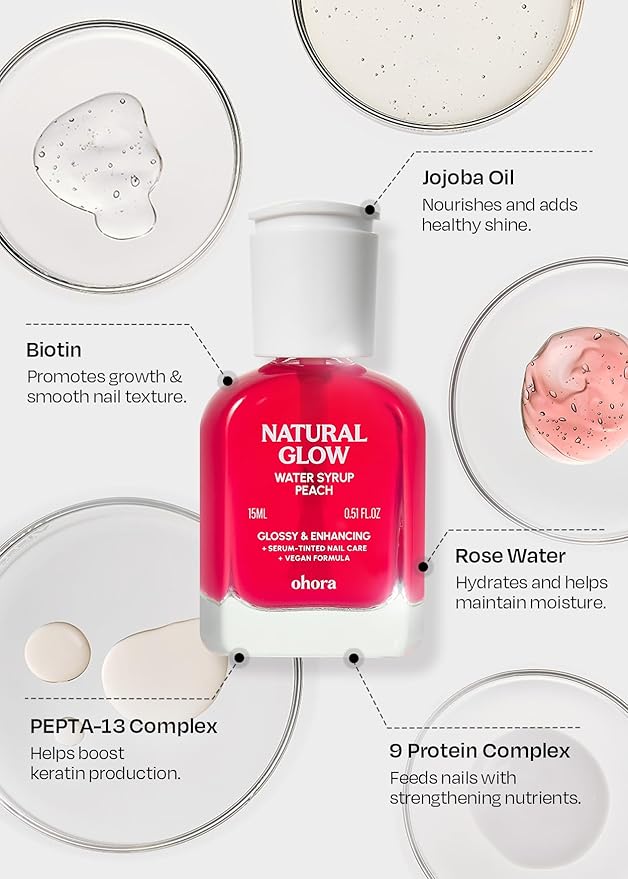 ohora Natural Glow Water Syrup Nail Strengthener (Peach) - Tinted Nail Hardener for Brittle, Damaged Nails, Quick-Dry Glossy Finish, Nail Repair & Growth, 15 mL