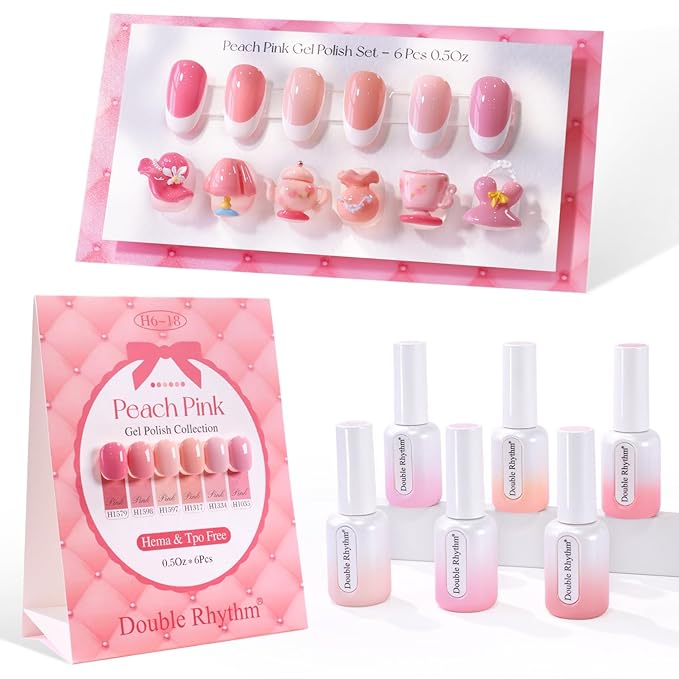 Double Rhythm 6 Pcs Hema Free Gel Polish Set 0.50 OZ Same Color Same Bottle Soak Off Neutral Natural Milky Gel Polish Kit Nail Art Manicure Salon DIY at Home (Pastel Peach Pink Purple-H6-18)