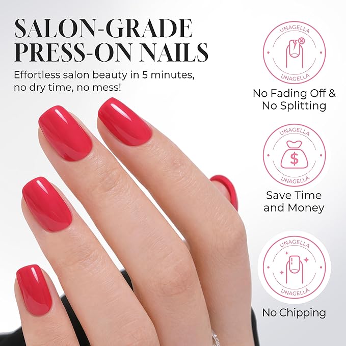 UNA GELLA Soft Gel Press on Nails - 16 Sizes Red Short Square Glue on Nails, 32Pcs Reusable Red Solid Color False Nails with Glue, Full Cover Acrylic Nail Kit for Women DIY Home Manicure