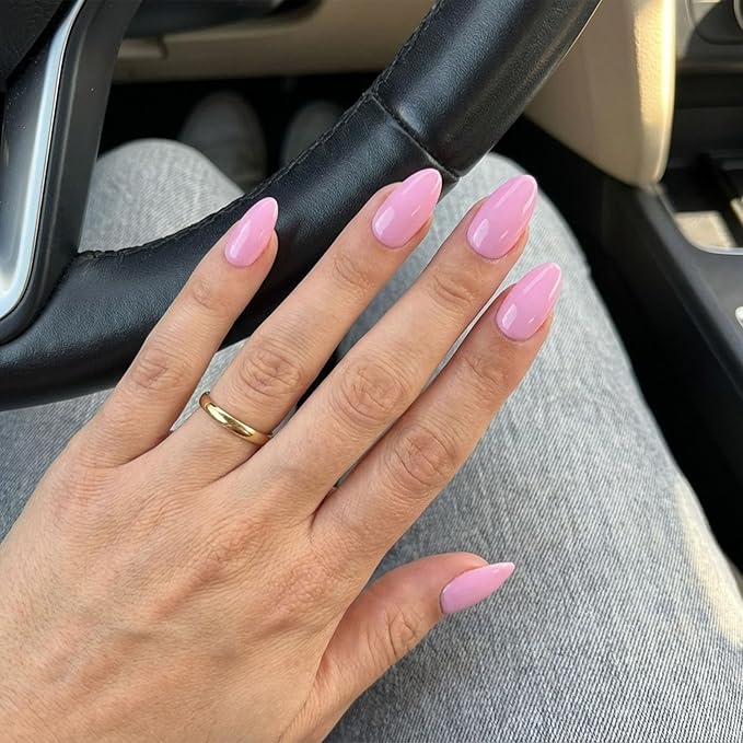Pink Press On Nails Short 16 Sizes 32pcs Almond Fake Nails Glossy, Nail Glue Included