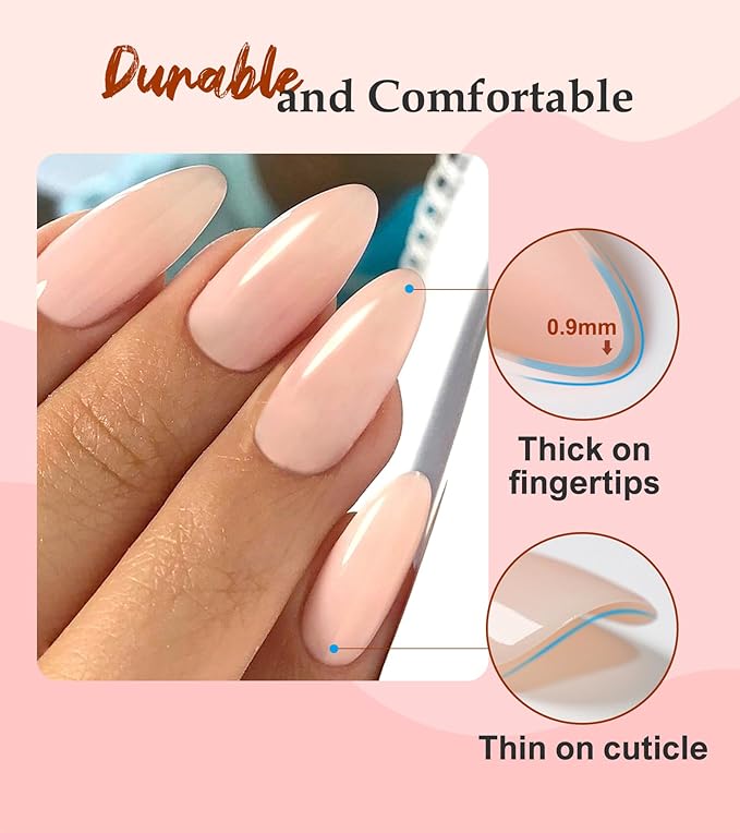 Morily Press on Nails Medium - Nude Almond Fake Nails Solid Color Pink Glossy False Fingernails in 15 Sizes, Long Stick on Nails for Women - 30Pcs