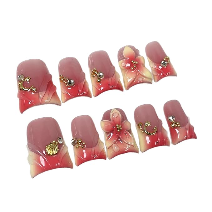 Luxury Press on Nails Medium Square Handmade Duck Fake Nails 3D Flower Pink Ombre French Tips False Nails Press ons with Charms Designs Sparkly Full Cover Acrylic Stick on Nail for Women 10(Size M)