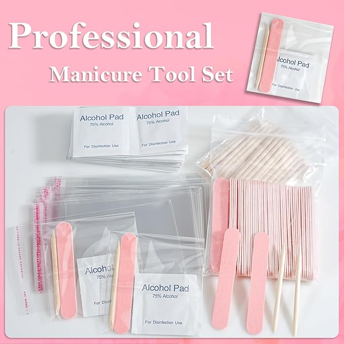 50 Set Disposable Press on Nail Tool Kit, including 50pcs Nail File, 50pcs Prep Pad, 50pcs Wood Stick, 50pcs OPP Bag, Manicure Nail Prep Kit for Salon Home (50pcs-A-pink)
