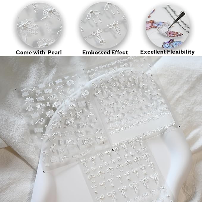 White Bow Ribbon Nail Art Stickers Pearl Lace Rhinestones Embossed Nail Decals for Nail Art Design Self-Adhesive Nail Accessories for Women Nail Art Supplies 3 Sheets