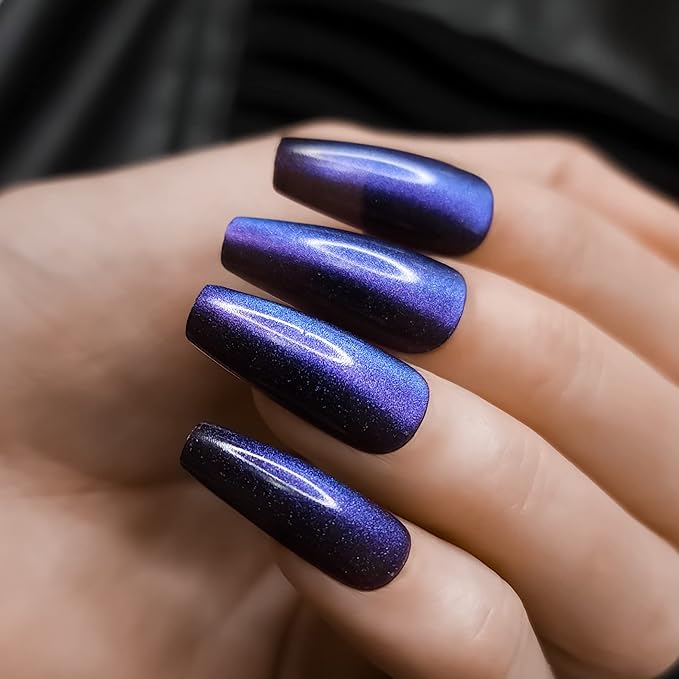 Hypnaughty 24 Pcs Stardust Cat Eye Effect Glossy And Sparkly Coffin Long Press On Nails With Nail Kit And Glue (Stardust Cat Eye)