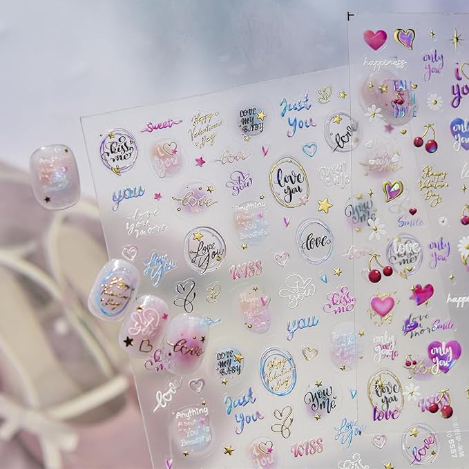5D Embossed Valentines Nail Art Stickers Self-Adhesive Letter Nail Stickers Retro English Alphabet Heart Star Circle Designs Cute Nails Valentines Day Nail Decals for Women Manicure Supplies DIY