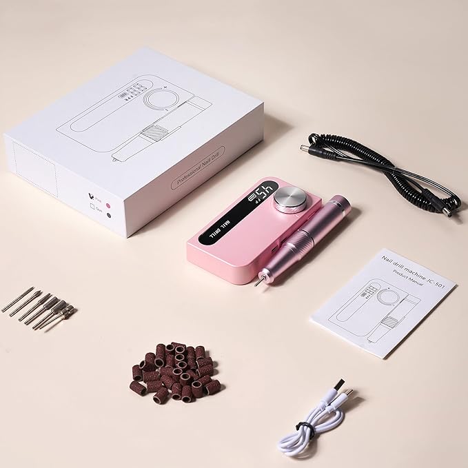 Cordless Electric Nail Drill Professional, Rechargeable Nail File Machine for Acrylic Nails & Gel Polish, Portable Manicure & Salon Nail Kit for Home Use (Pink)