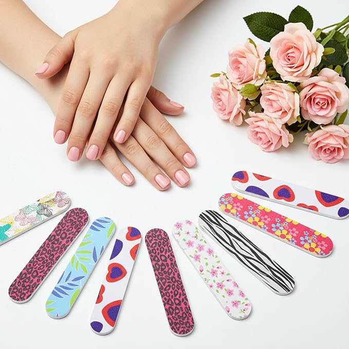 20Pcs Mini Nail Files Bulk Emery Boards for Acrylic & Natural Nails Colorful Floral Double Sided Mini Nail Buffer Manicure Tools for Women Girls Home and Salon Use